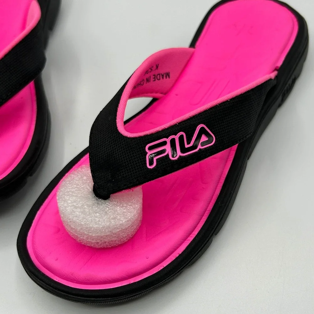 FILA Leana Girls Flip Flop Sandals Black Neon Pink Size 3 Athletic Beach NIB